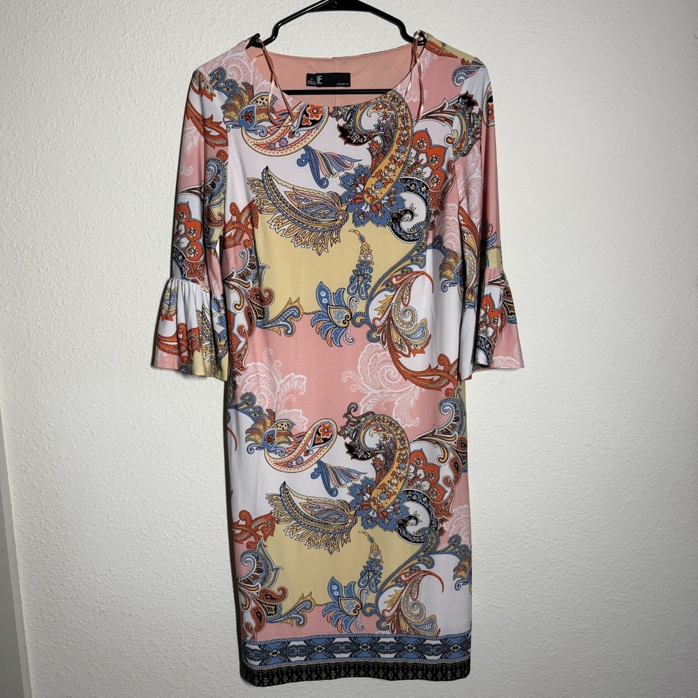 Leslie Fay Shift Mini Dress Womens 6 Multicolor Paisley Print 3/4 Bell Sleeve